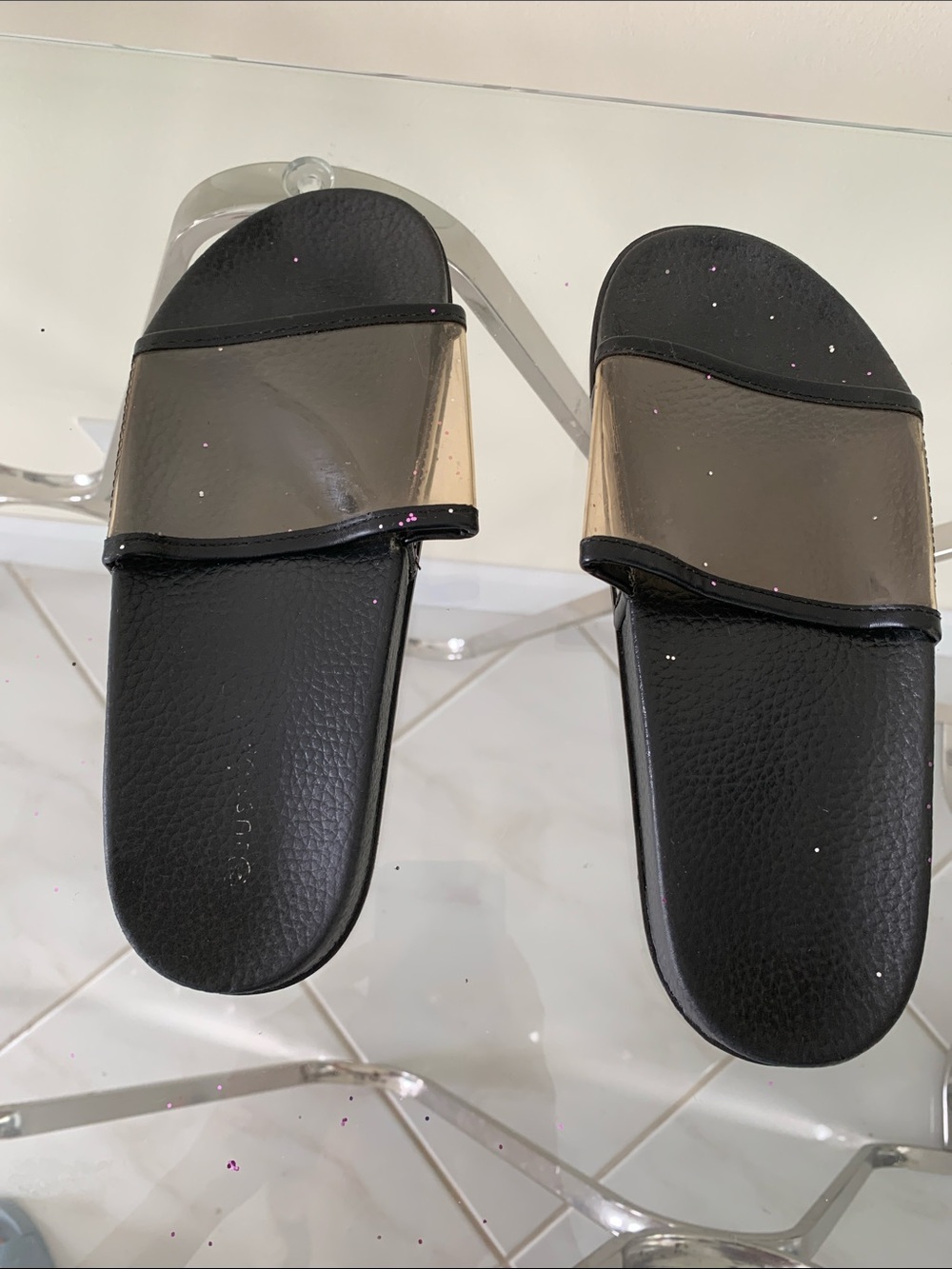 Just Be Clear Strap Black Slide Sandals size7/8